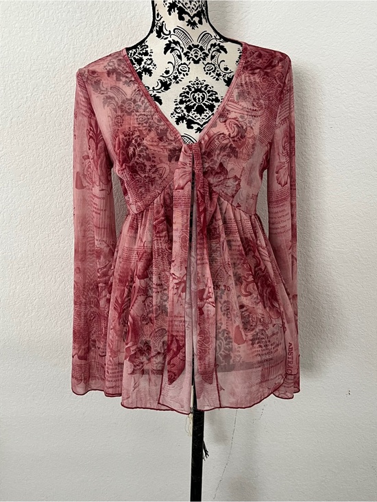 SHEIN Tops - SHEIN Size L Pink Rose Newspaper Print Sheer Mesh Tie Front Top